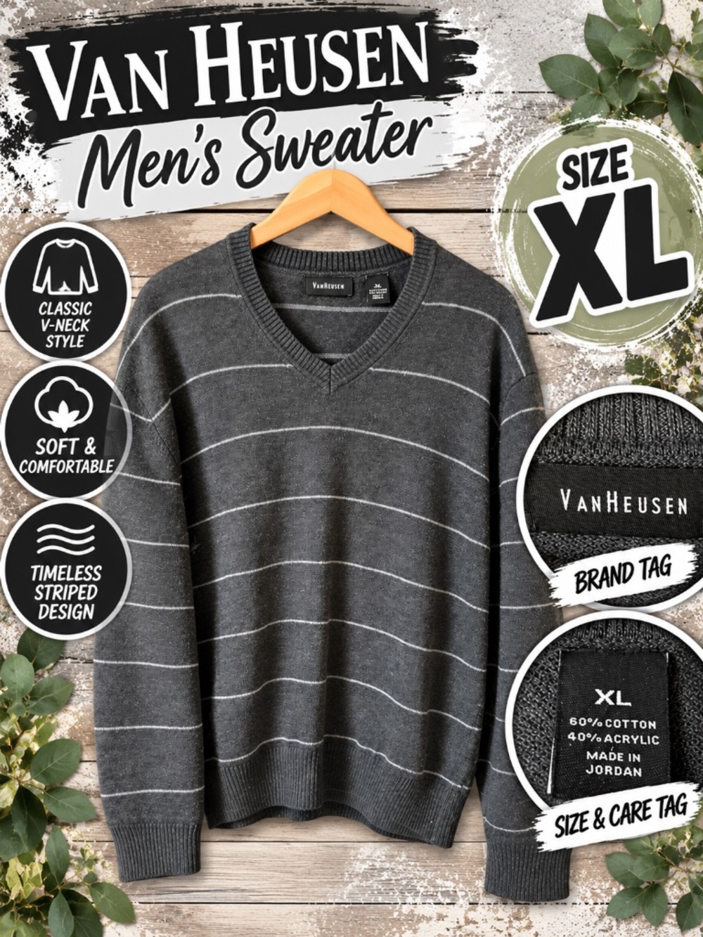 🖤 Van Heusen Men's Charcoal Gray Striped V-Neck Sweater XL